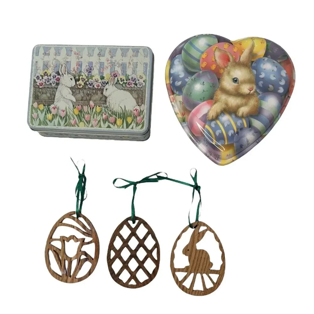 Vintage Easter Decor Lot Bunny Tin Heart Shaped Container‎ 3 Wooden Ornaments